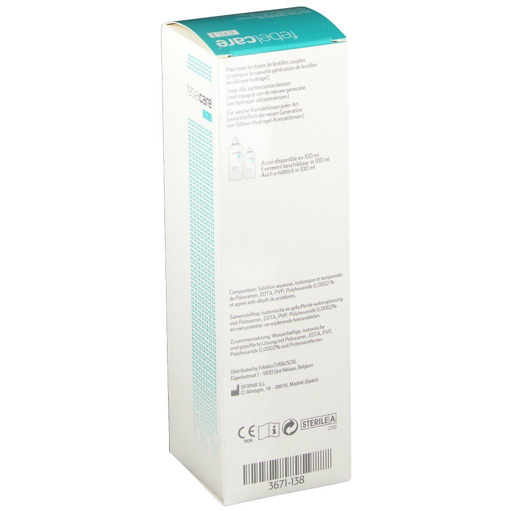 Rückseite der Verpackung von febelcare® EYE 1. Text in mehreren Sprachen. CE-Kennzeichnung und Steril-Symbol.