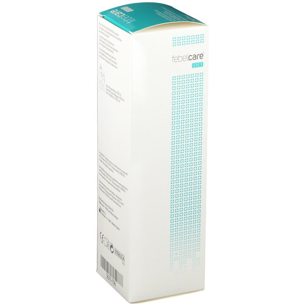 Seitenansicht der Verpackung von febelcare® EYE 1. Weiße Schachtel mit türkisfarbenen Akzenten. CE-Kennzeichnung.