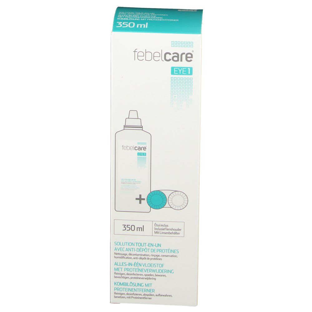 Vorderansicht der Verpackung von febelcare® EYE 1. Weiße Schachtel mit Produktabbildung und Text. 350 ml.