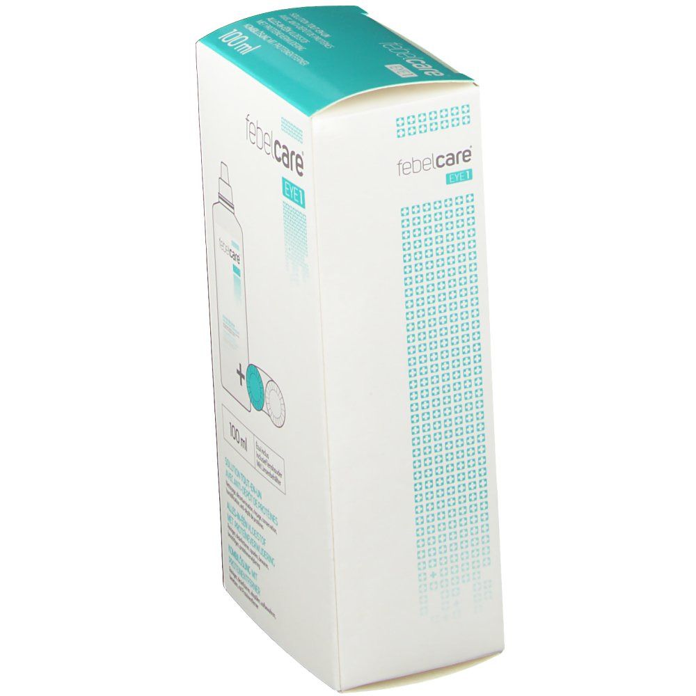 Seitenansicht der Verpackung von febelcare® EYE 1. Türkis-weißes Design. Text und grafische Elemente.