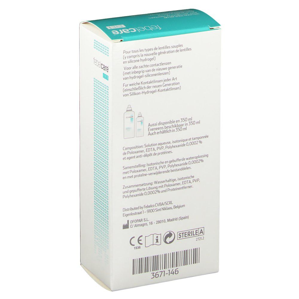 Rückseite der Verpackung von febelcare® EYE 1. Text in mehreren Sprachen. Informationen zur Zusammensetzung und Hersteller.