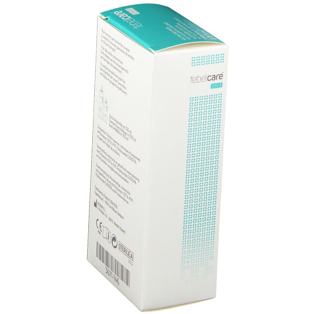 Schräge Seitenansicht der Verpackung von febelcare® EYE 1. Text und grafische Elemente. Türkis-weißes Design.