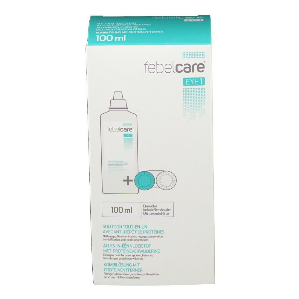 Vorderansicht der Verpackung von febelcare® EYE 1. Produktabbildung, Text, 100 ml. Türkis-weißes Design.