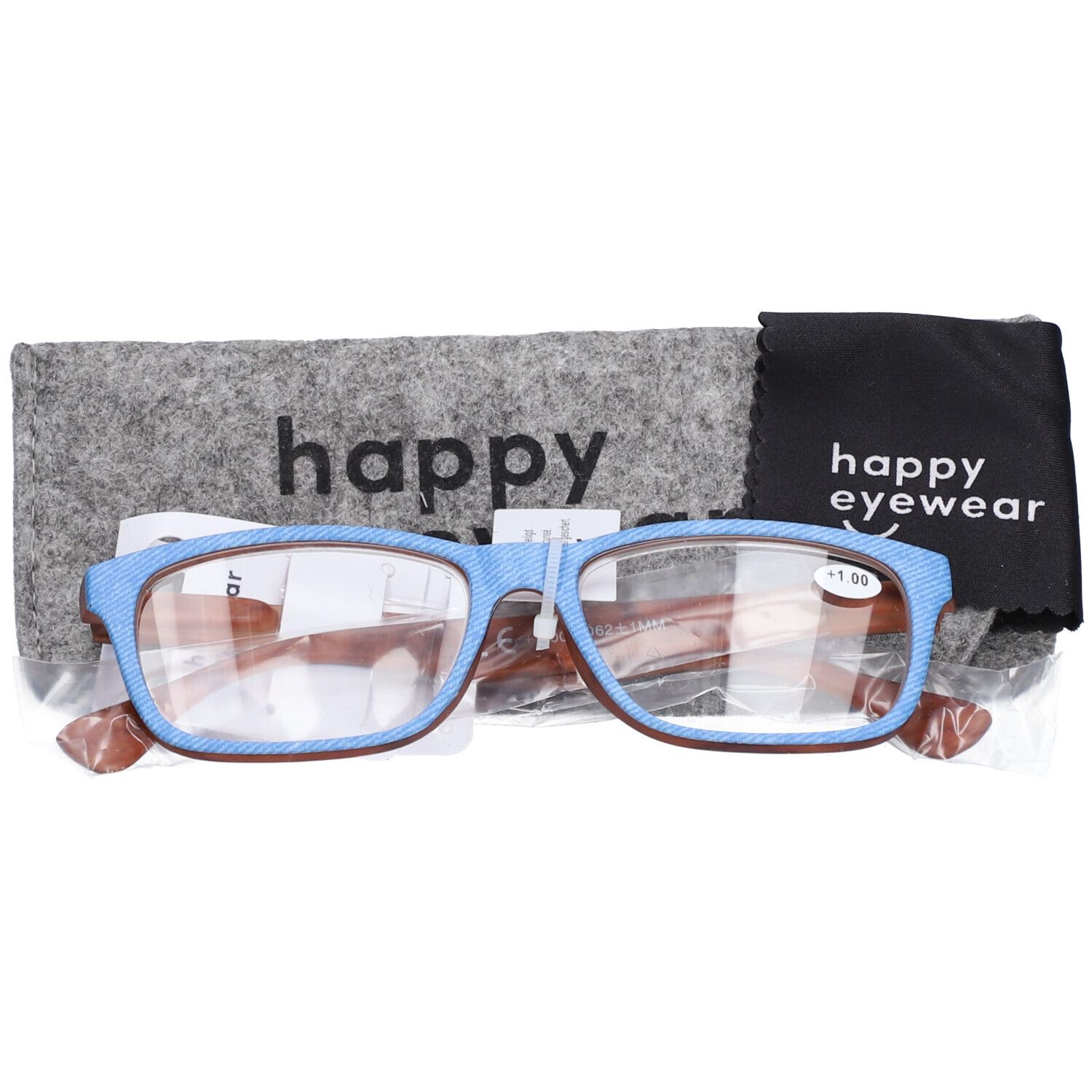 Lunettes bleues effet jean, branches marron, étui gris. Marque "happy" sur l'étui. Indication "+1.00" sur la branche.