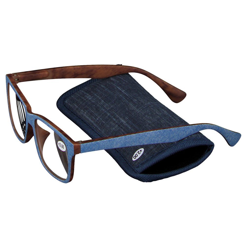 Bril met blauw jeans montuur en bruine veren, +2.00 dioptrie. Ligt naast een blauwe etui.