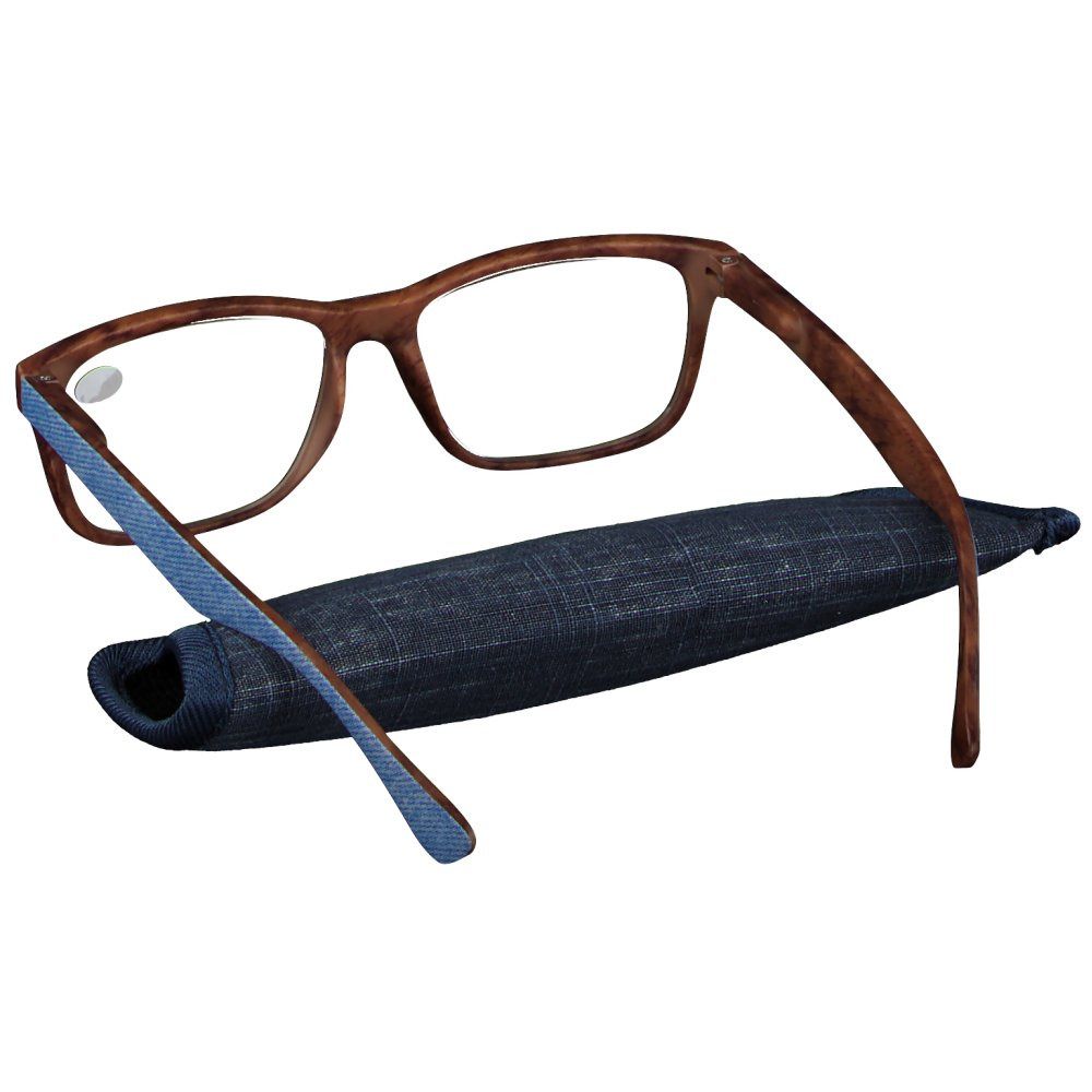Bril met bruin montuur en blauwe veren, +2.00 dioptrie. Ligt naast een blauwe etui.