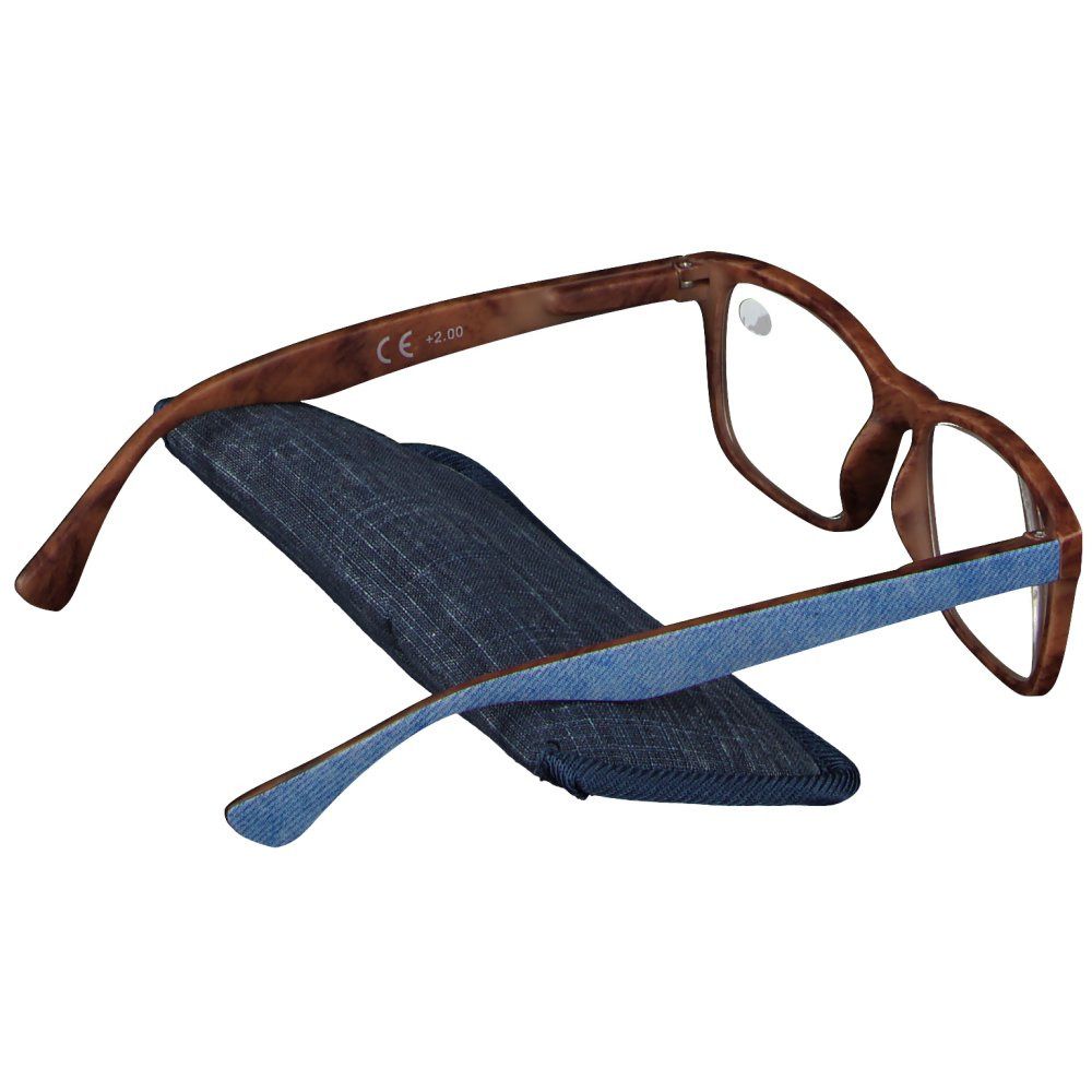 Bril met bruin montuur en blauwe veren, +2.00 dioptrie. Ligt naast een blauwe etui.