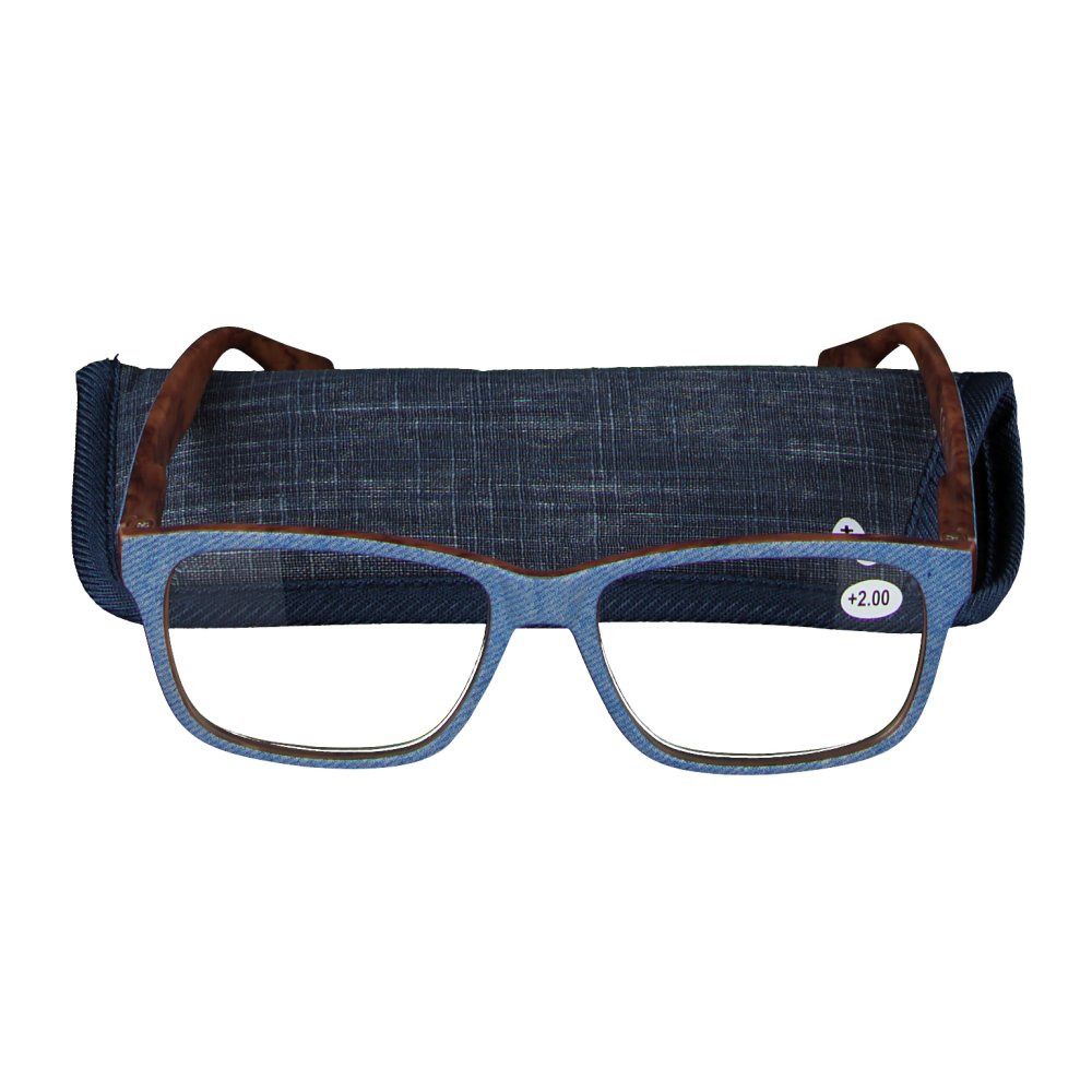Bril met blauw jeans montuur en bruine veren, +2.00 dioptrie. Ligt naast een blauwe etui.
