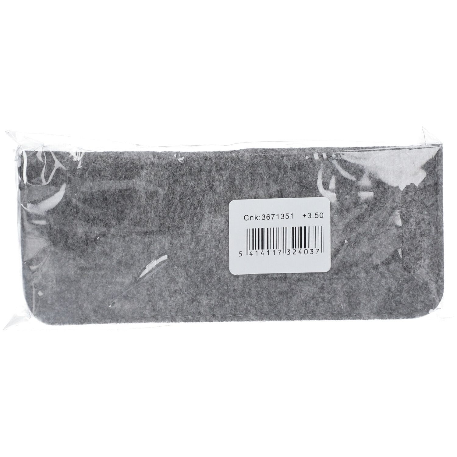 Graues Brillenetui in Plastikverpackung. Mit Etikett: +3.50 Dioptrien.