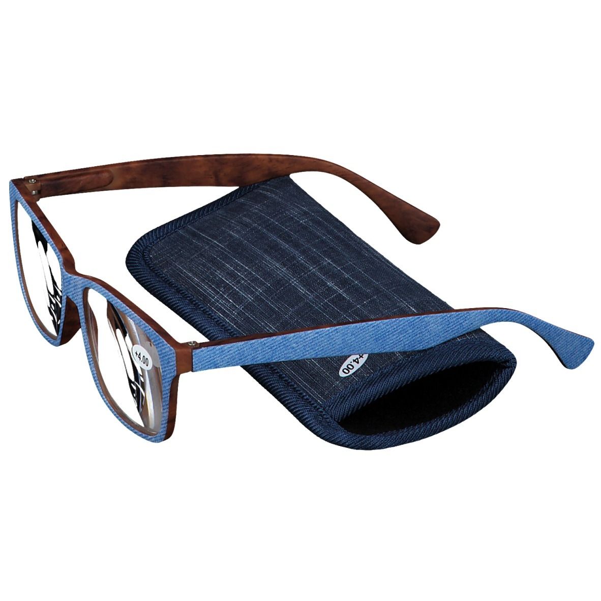 Brille mit blauem Jeans-Rahmen und braunen Bügeln. Inklusive blauem Etui. Auf dem Glas steht +4.00.