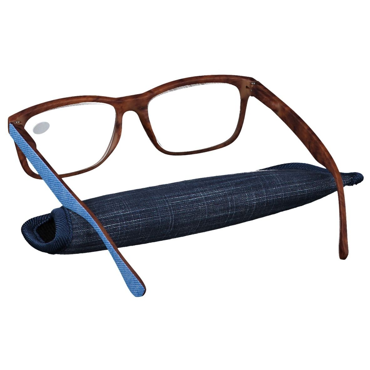 Brille mit braunen Bügeln und blauem Jeans-Rahmen. Inklusive blauem Etui. Auf dem Glas steht +4.00.