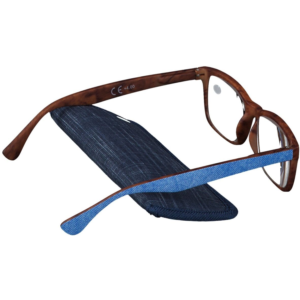 Brille mit braunen Bügeln und blauem Jeans-Rahmen. Inklusive blauem Etui. Auf dem Glas steht +4.00.