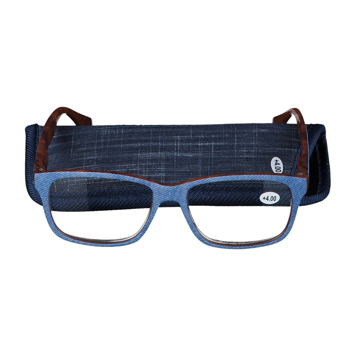 Brille mit blauem Jeans-Rahmen und braunen Bügeln. Inklusive blauem Etui. Auf dem Glas steht +4.00.