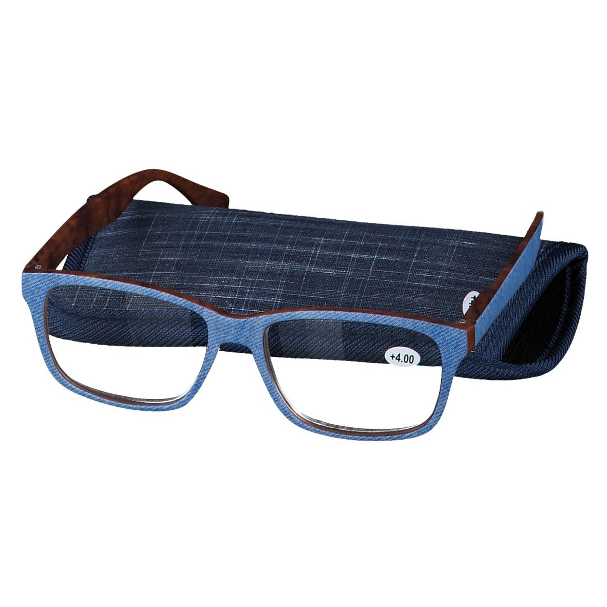Brille mit blauem Jeans-Rahmen und braunen Bügeln. Inklusive blauem Etui. Auf dem Glas steht +4.00.
