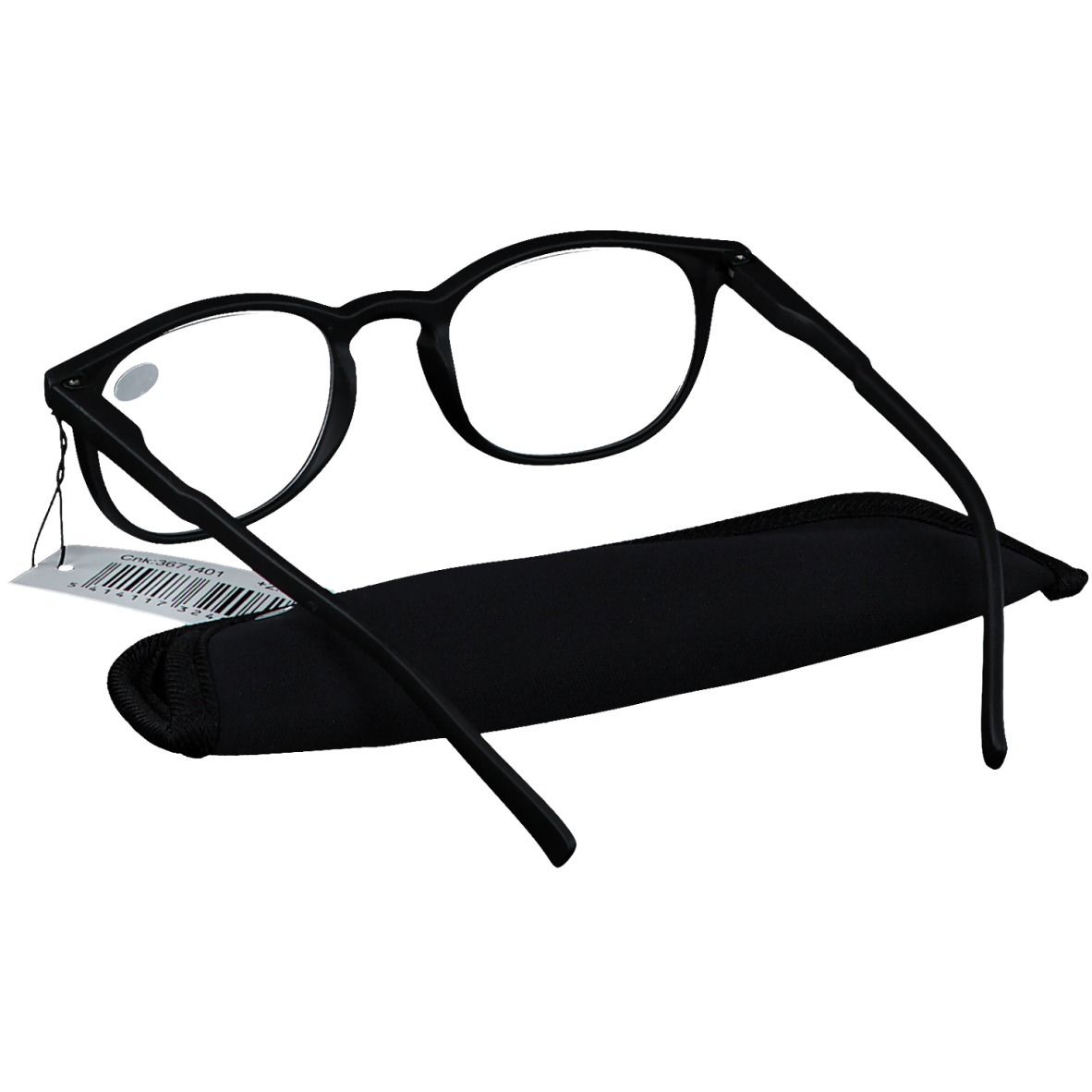 Schwarze Lesebrille mit Etui, Stärke +2.50.