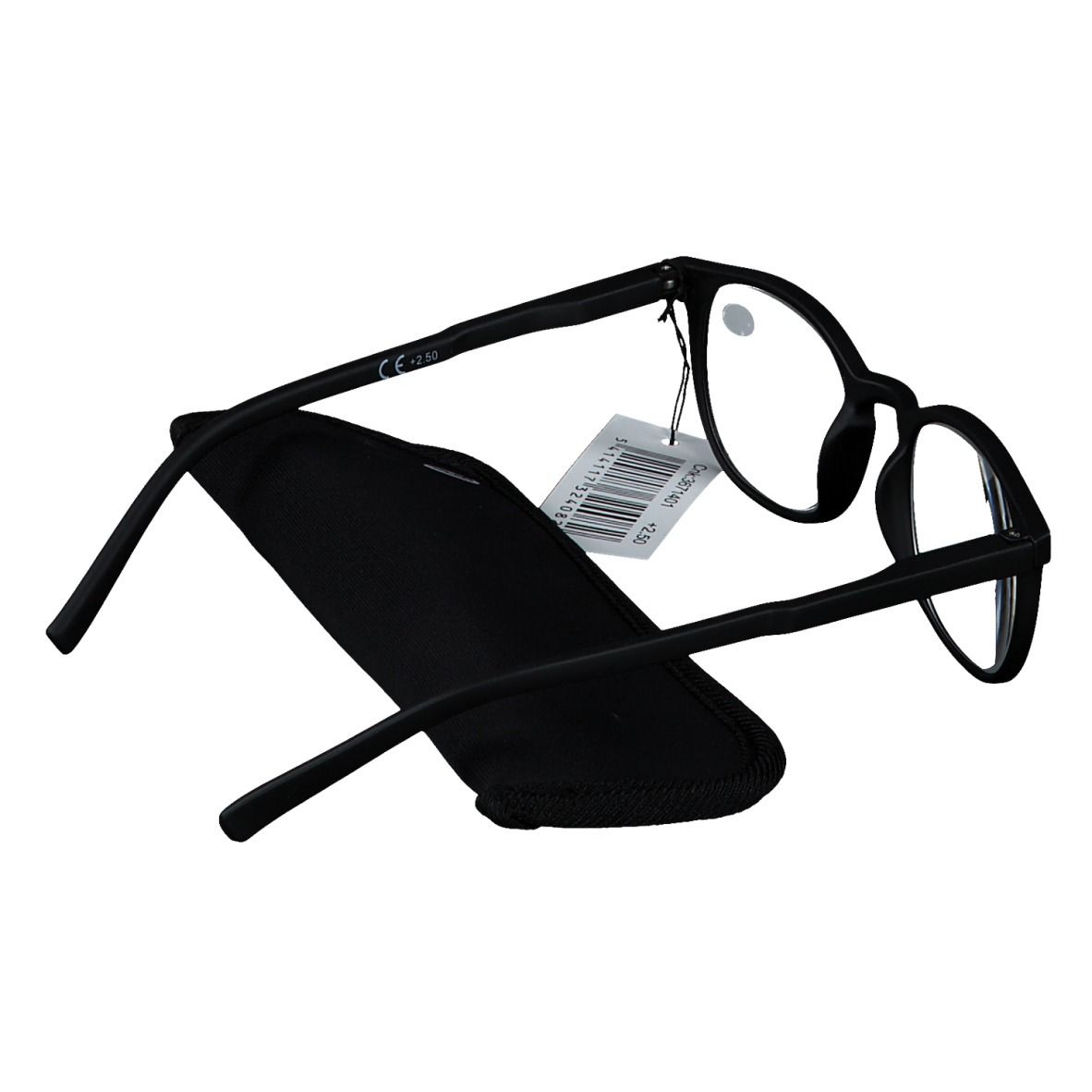 Schwarze Lesebrille mit Etui, Stärke +2.50.