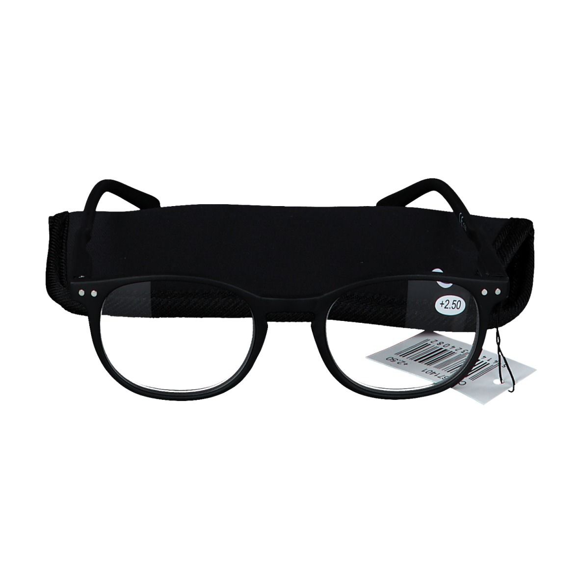 Schwarze Lesebrille mit Etui, Stärke +2.50.