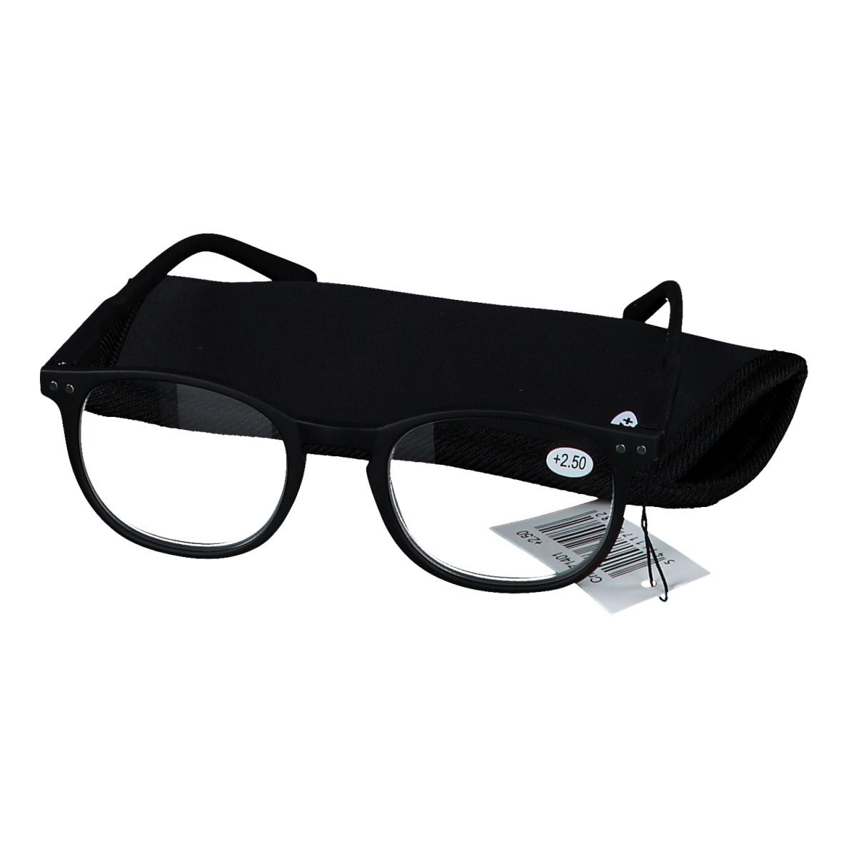 Schwarze Lesebrille mit Etui, Stärke +2.50.