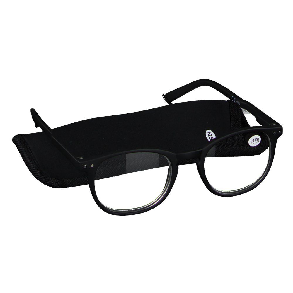 Lunettes à monture noire et étui. +3.50 est inscrit sur le verre. L'étui est ouvert.