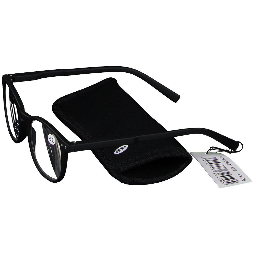 Lunettes noires avec étui et étiquette de prix. +3.50 est sur le verre. L'étui est fermé.