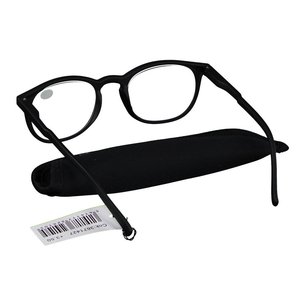 Lunettes noires avec étui et étiquette de prix. +3.50 est sur le verre. L'étui est fermé.
