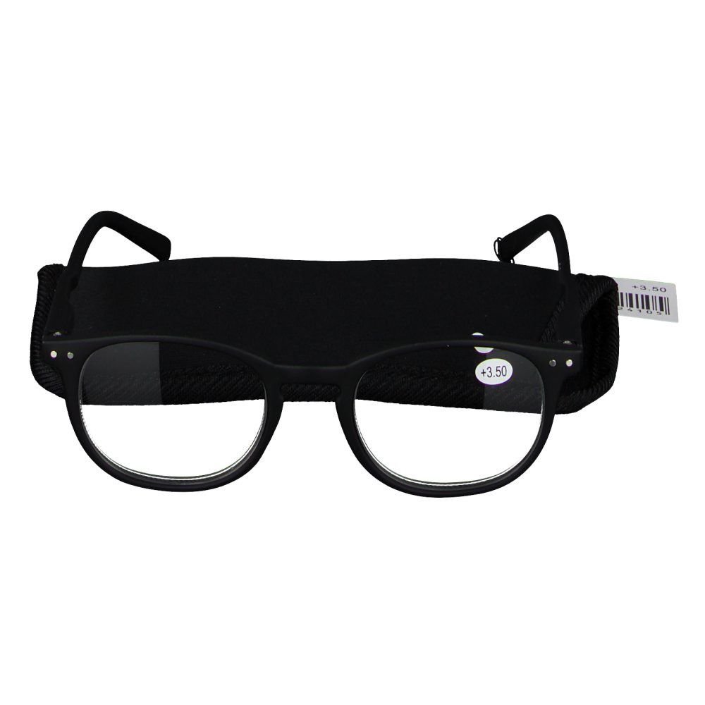 Lunettes noires avec étui. +3.50 est sur le verre. L'étui est fermé.