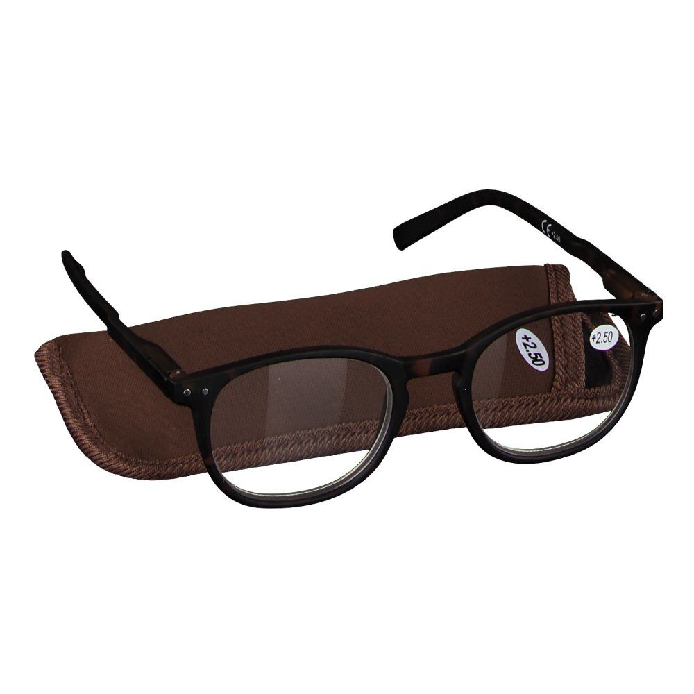 Brille mit schwarzem Rahmen und Etui. Auf dem rechten Glas steht +2.50. Das Etui ist braun.