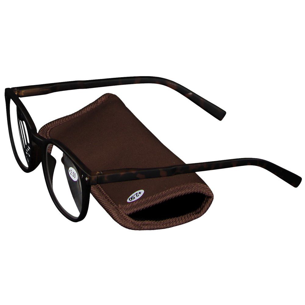 Brille mit schwarzem Rahmen und braunem Etui. Auf dem rechten Glas steht +2.50.