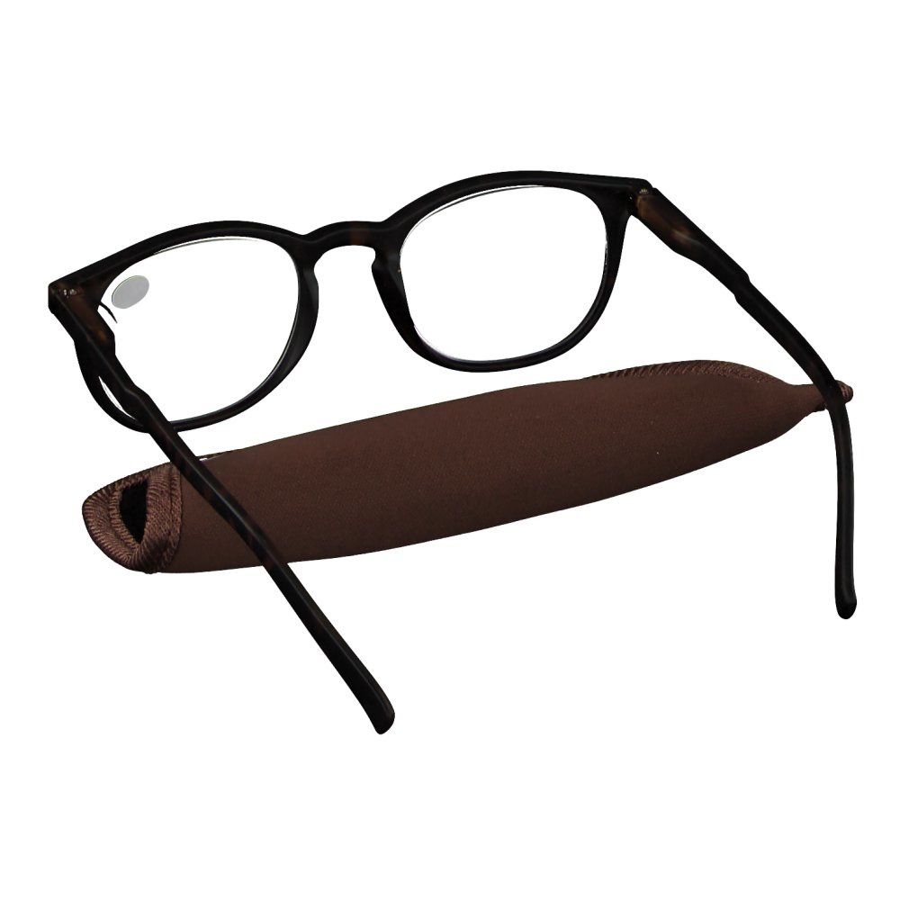 Brille mit schwarzem Rahmen und braunem Etui. Auf dem rechten Glas steht +2.50.