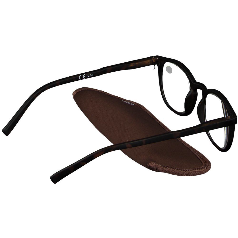 Brille mit schwarzem Rahmen und braunem Etui. Auf dem rechten Glas steht +2.50.