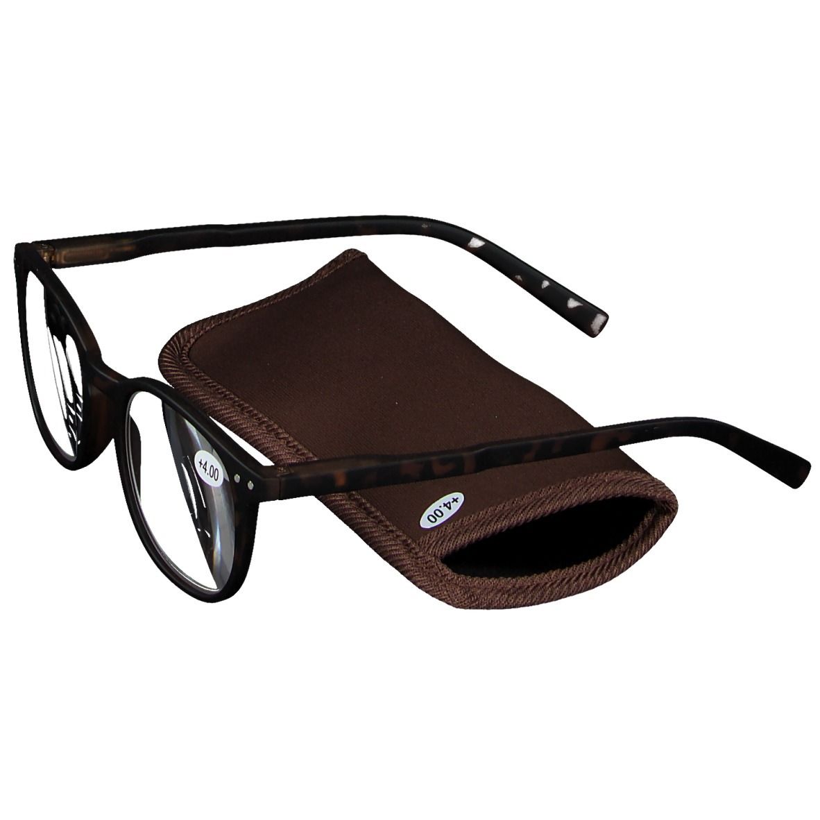 Brille mit braunem Etui. Auf dem Brillenbügel steht +4.00. Die Brille hat einen schwarzen Rahmen.