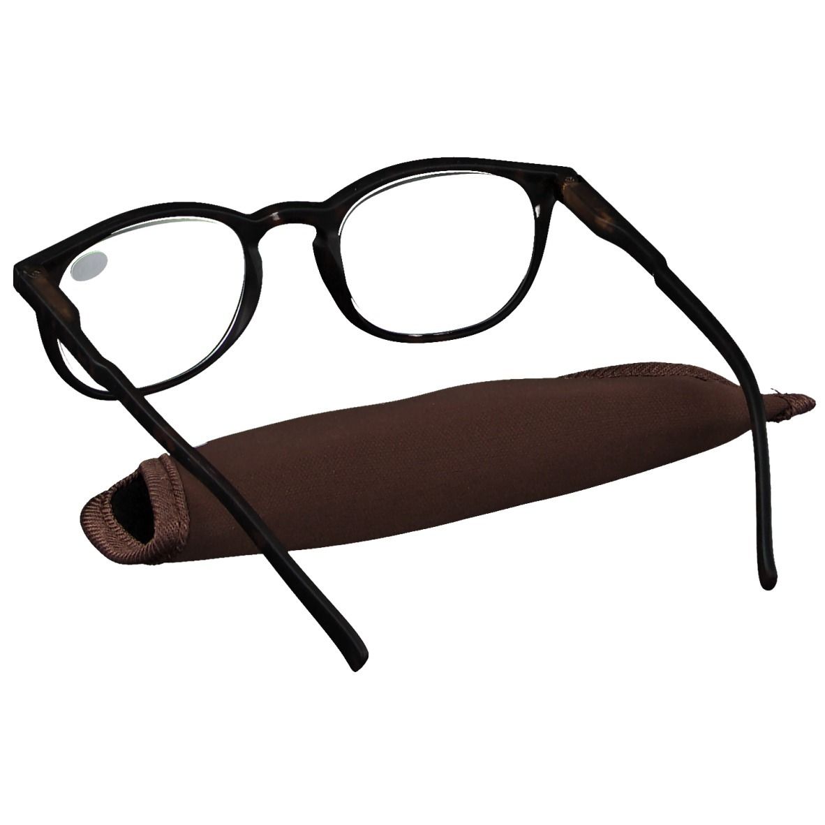Brille mit braunem Etui. Schwarzer Rahmen, runde Gläser. Auf dem Brillenbügel steht +4.00.