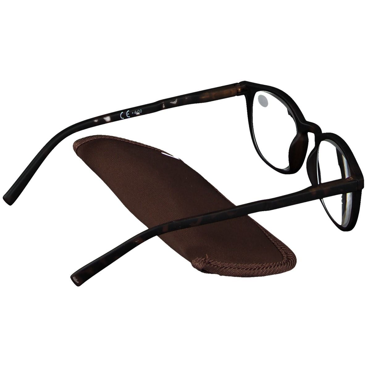 Brille mit braunem Etui. Schwarzer Rahmen, runde Gläser. Auf dem Brillenbügel steht +4.00.