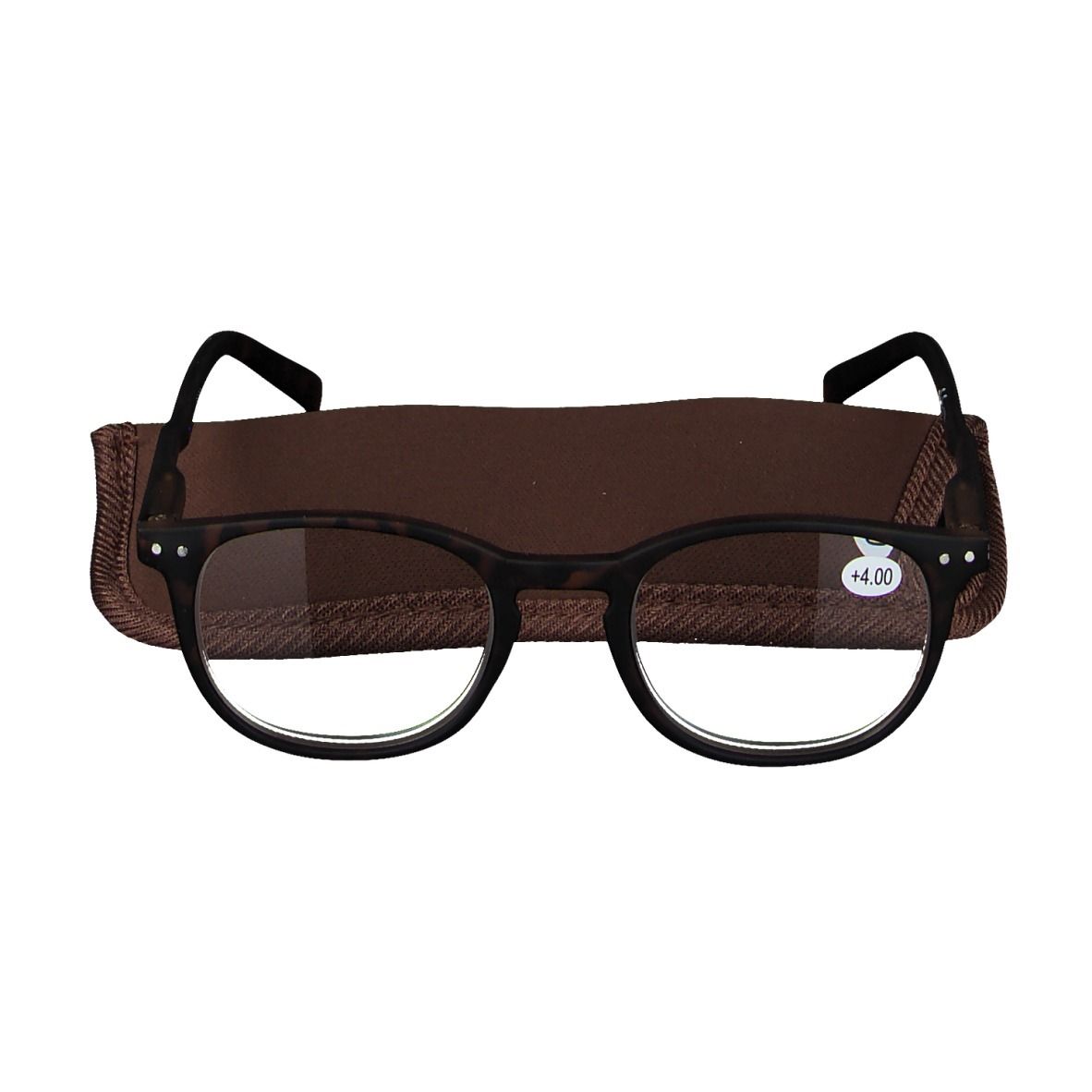 Brille mit braunem Etui. Schwarzer Rahmen, runde Gläser. Auf dem Brillenbügel steht +4.00.