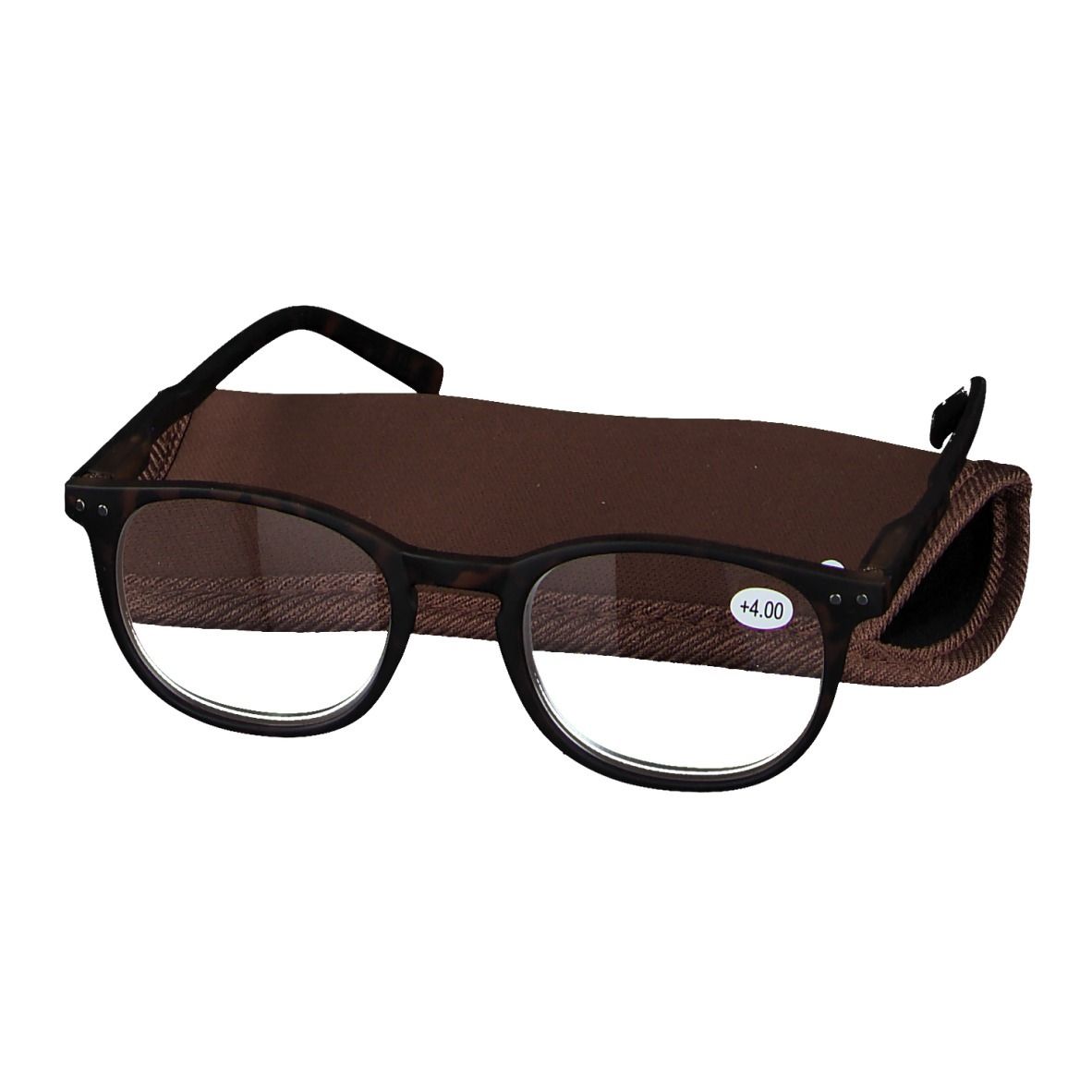 Brille mit braunem Etui. Schwarzer Rahmen, runde Gläser. Auf dem Brillenbügel steht +4.00.