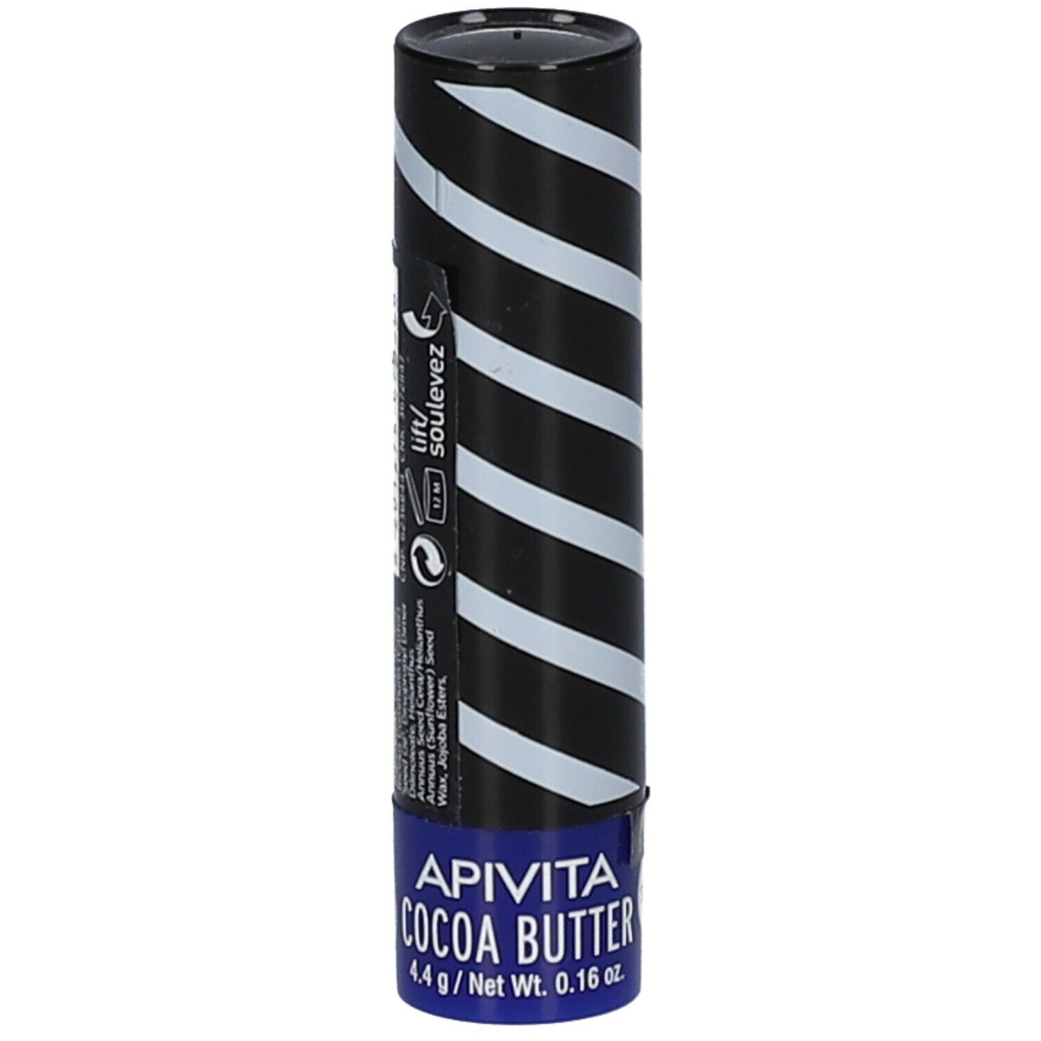 Apivita lippenbalsem met cacaoboter. Cilindrische verpakking met zwart-wit strepen.