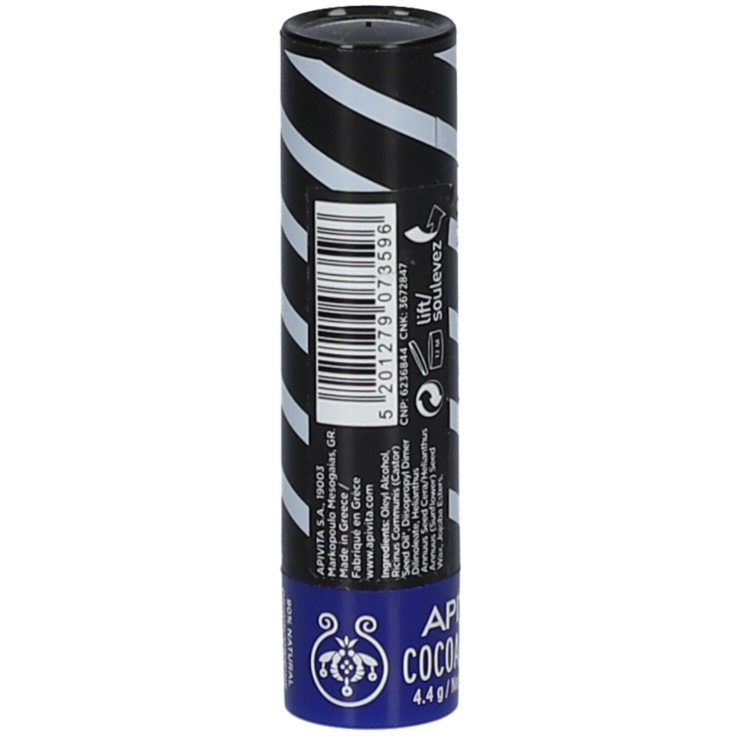 Achterkant van de Apivita lippenbalsem. Bevat informatie en barcode.