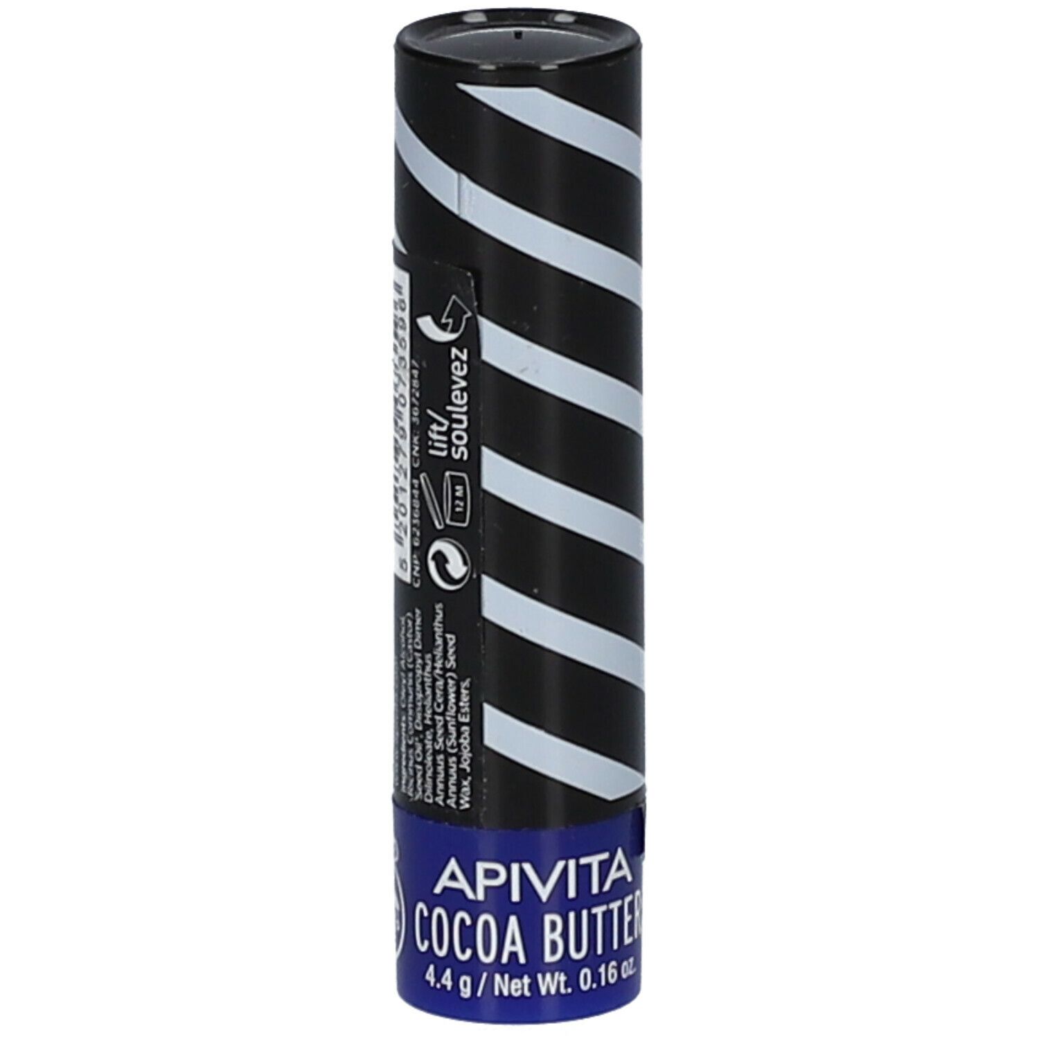 Apivita lippenbalsem met cacaoboter. Cilindrische verpakking met zwart-wit strepen.