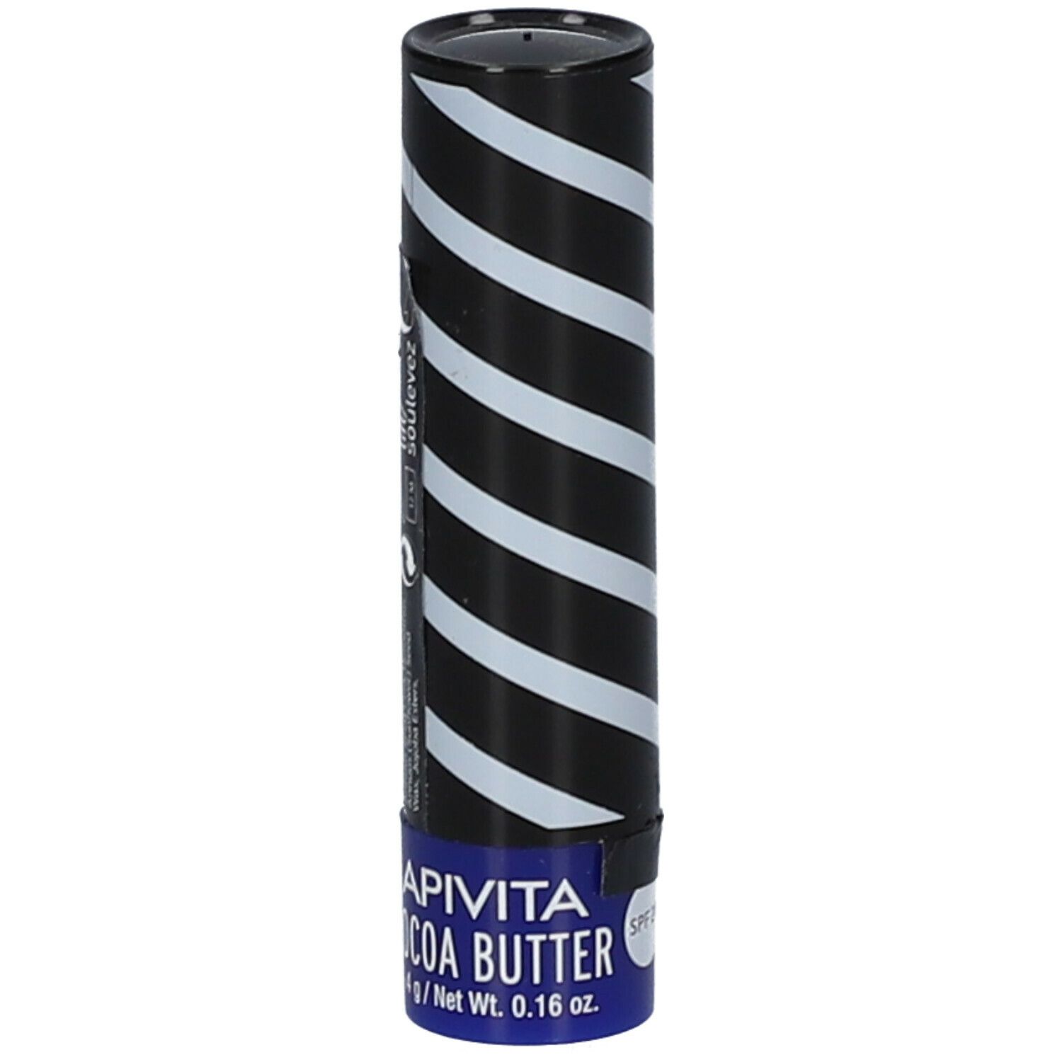 Apivita lippenbalsem met cacaoboter. Cilindrische verpakking met zwart-wit strepen.