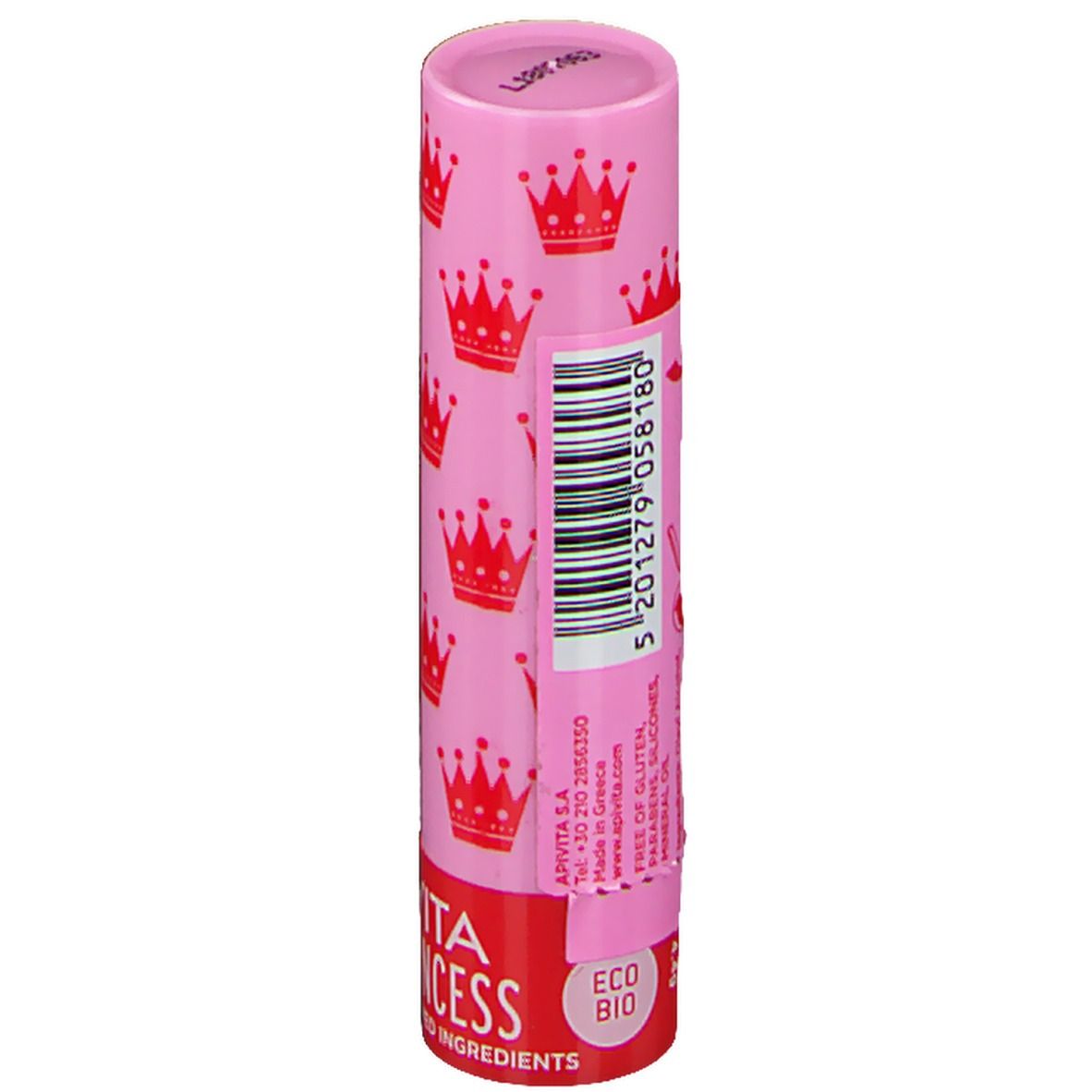 Stick de soin des lèvres avec étui rose et couronnes rouges. Inscription : APIVITA BEE PRINCESS. Avec code-barres.