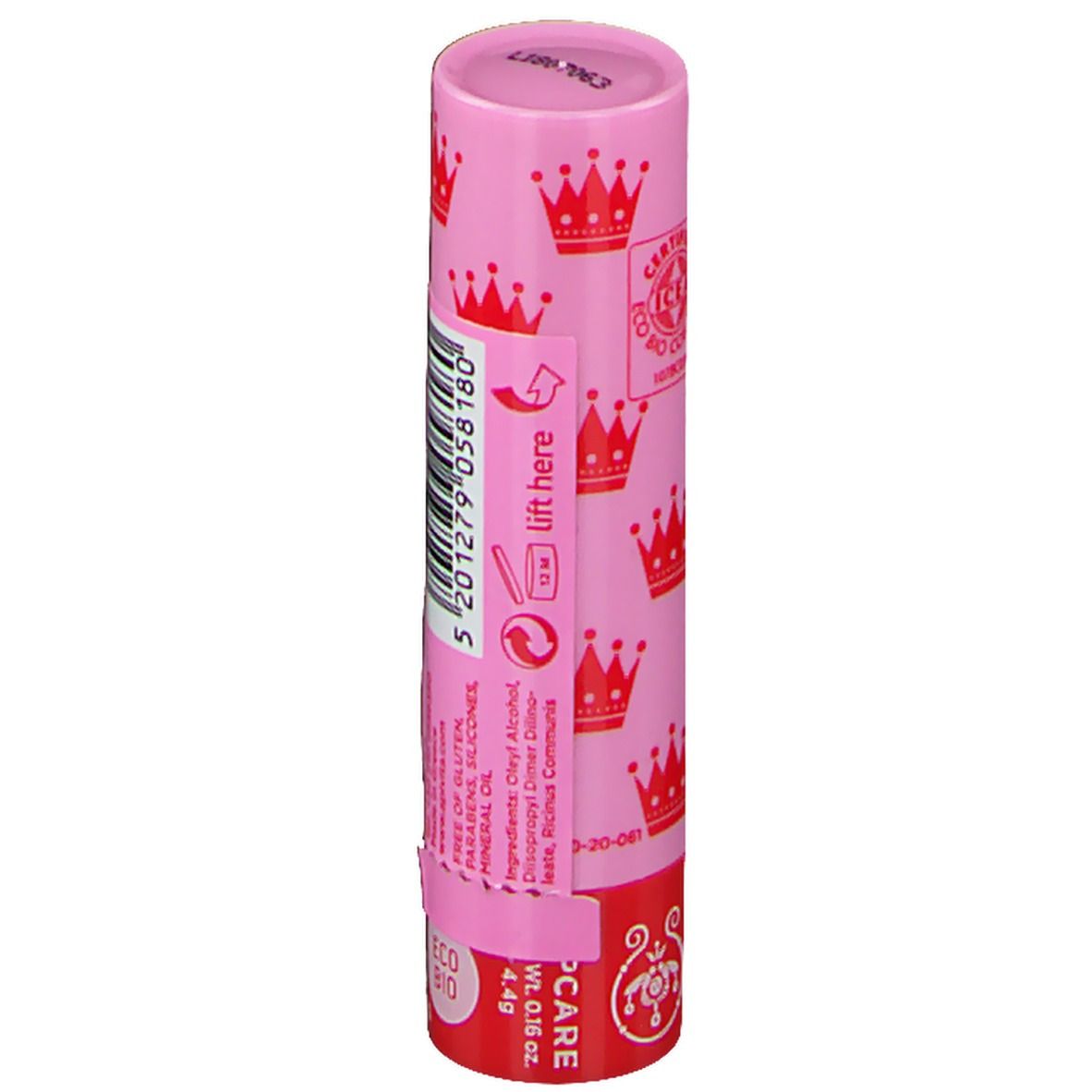 Stick de soin des lèvres avec étui rose et couronnes rouges. Inscription : APIVITA BEE PRINCESS. Avec autocollant.