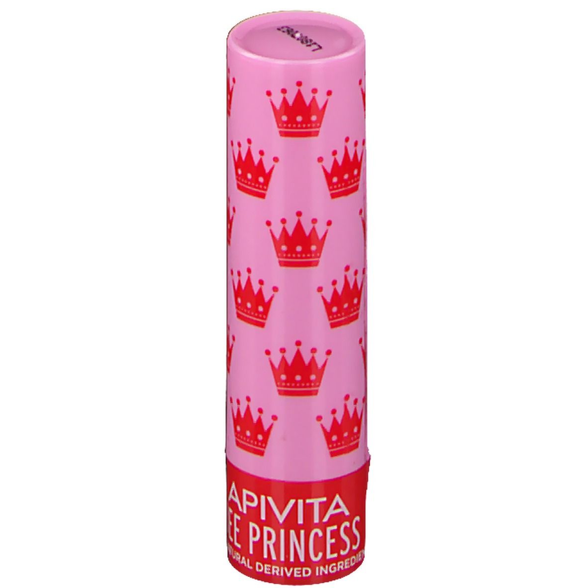 Stick de soin des lèvres rose avec des couronnes rouges. Inscription : APIVITA BEE PRINCESS.