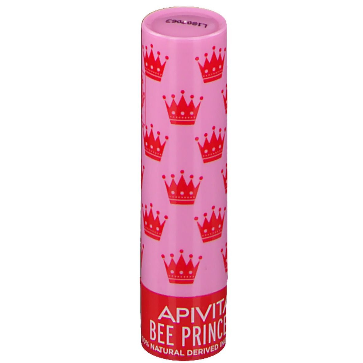 Stick de soin des lèvres rose avec des couronnes rouges. Inscription : APIVITA BEE PRINCESS.