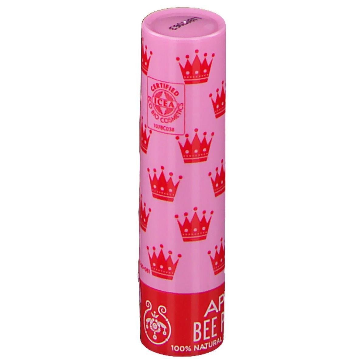 Stick de soin des lèvres rose avec des couronnes rouges. Inscription : APIVITA BEE PRINCESS. Avec certification I.C.E.A.