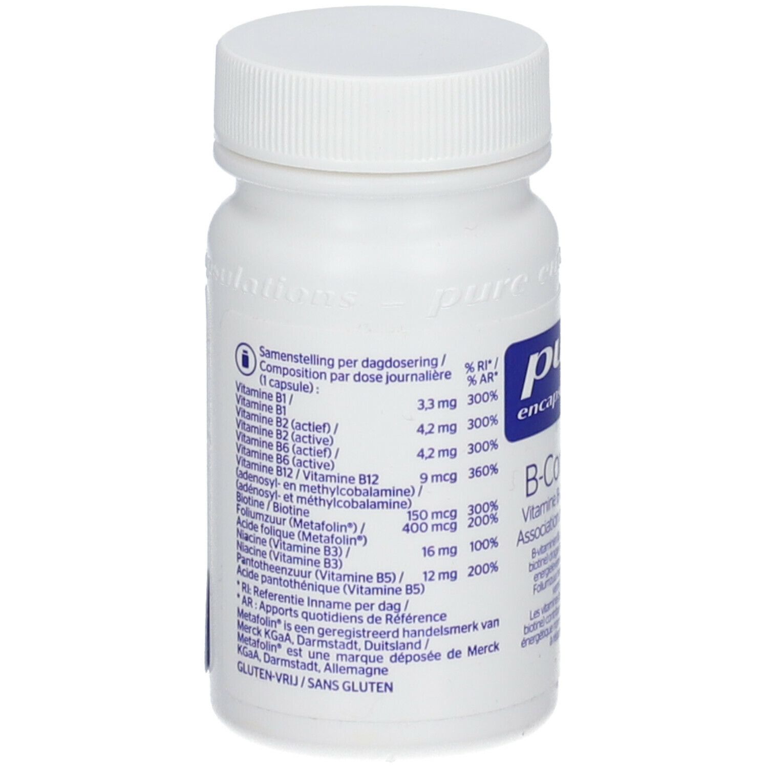 Flacon blanc avec informations nutritionnelles. Contient vitamines B1, B2, B6, B12, biotine, acide folique et niacine.