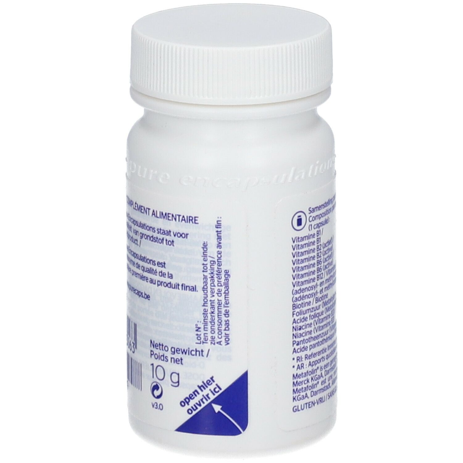 Flacon blanc avec informations produit. Poids net 10g. Sans gluten.