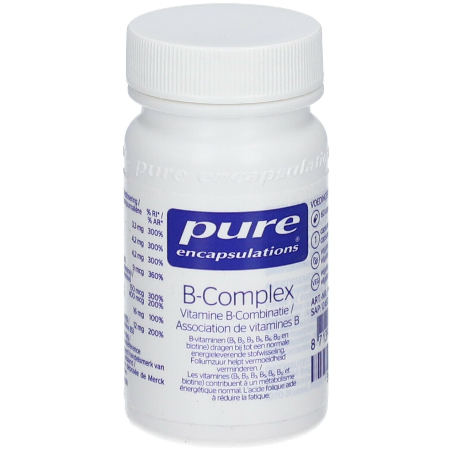 Flacon blanc avec étiquette bleue. Inscription: pure encapsulations® B-Complex. Contient vitamines B.