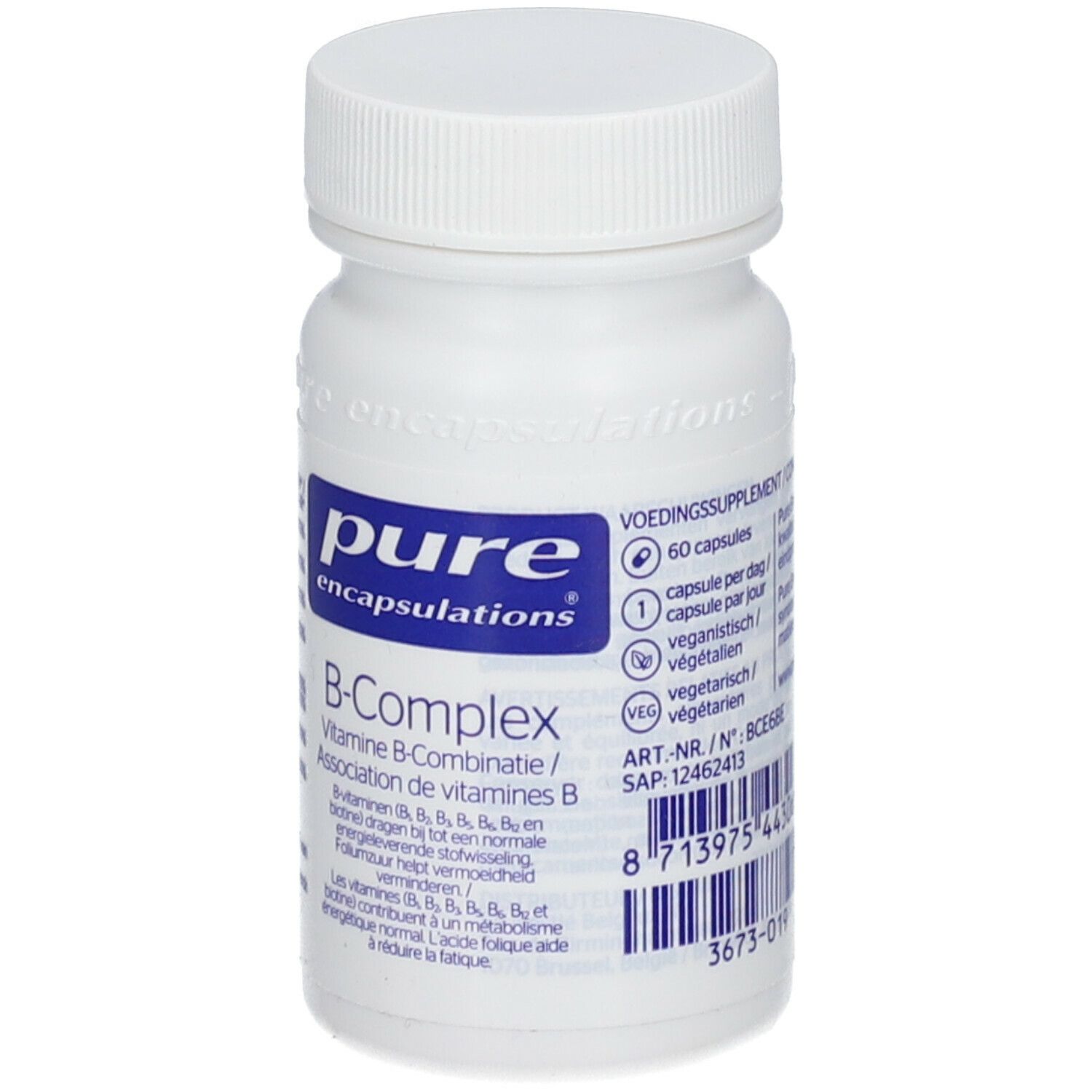 Flacon blanc avec étiquette bleue. Inscription: pure encapsulations® B-Complex. 60 gélules, végétalien.