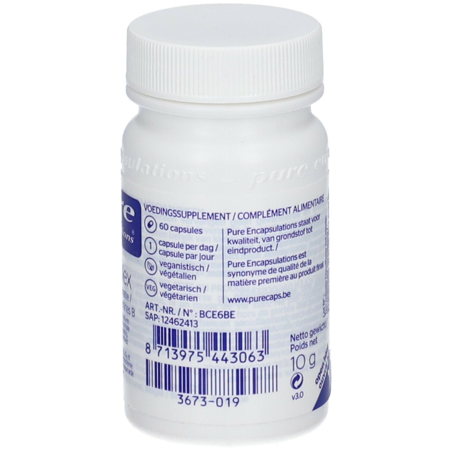 Flacon blanc avec informations produit. Contient 60 gélules. Poids net 10g. Végétalien.