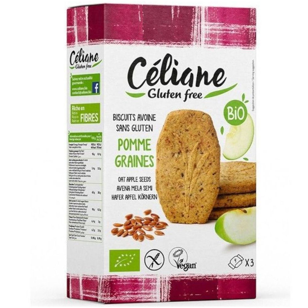Verpakking Céliane glutenvrije koekjes. Opschrift: Avena-Manzana Bio, glutenvrij, vegan. Afbeelding van koekjes, appel en zaden.